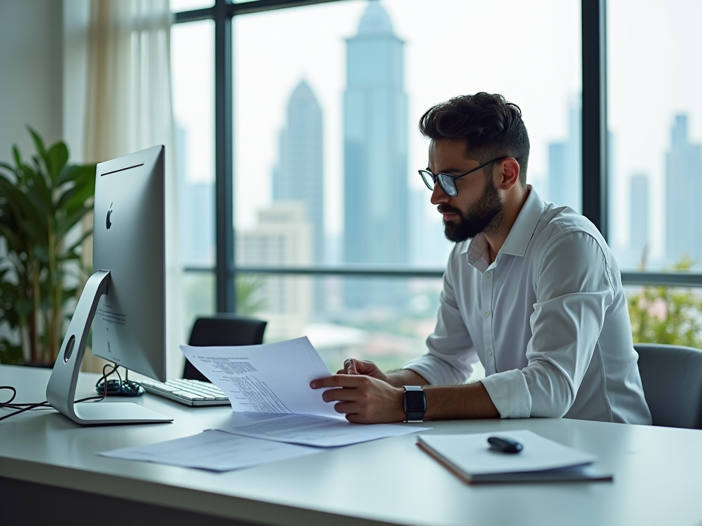 Bearded man wearing glasses reviews documents at his desk with an iMac, in a high-rise office overlooking the city.