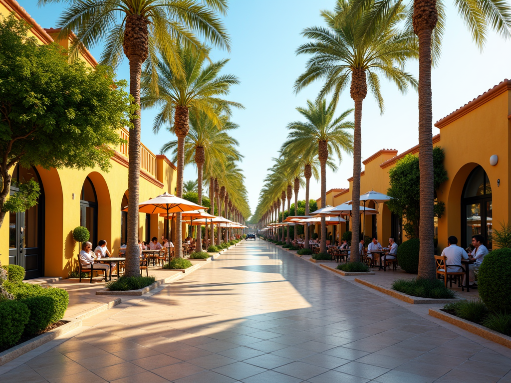 Sun-soaked path between rows of palm trees and yellow buildings with outdoor dining under umbrellas.