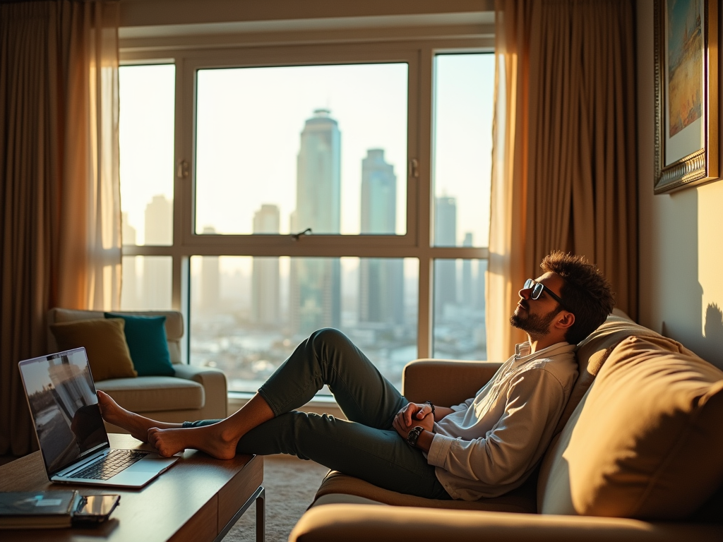 Man relaxing in a sunlit room, feet on table, overlooking a cityscape through large windows.