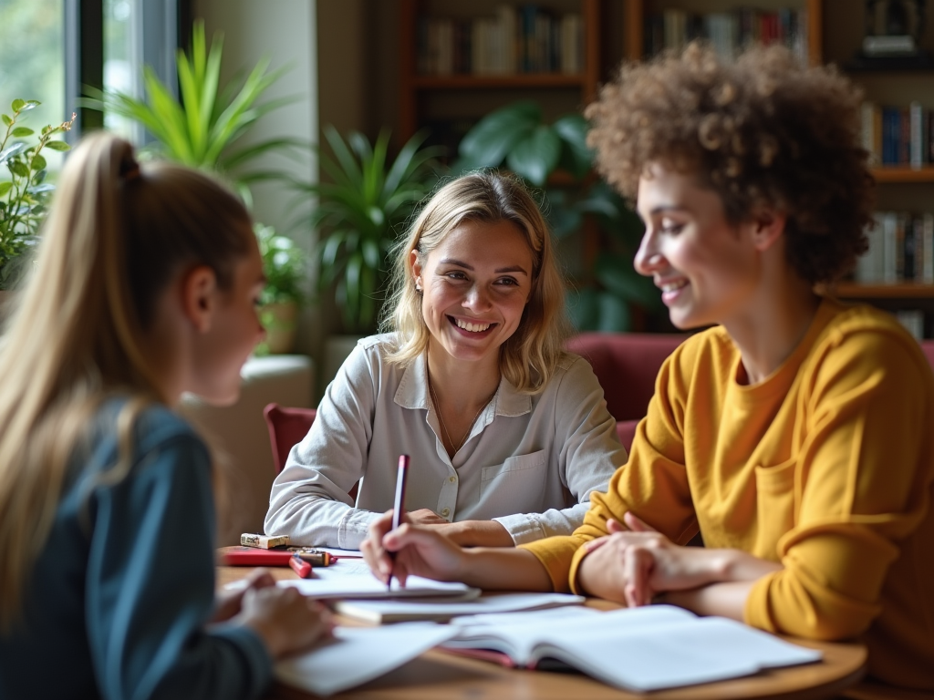 Three women smiling and discussing over books in a cozy library setting.