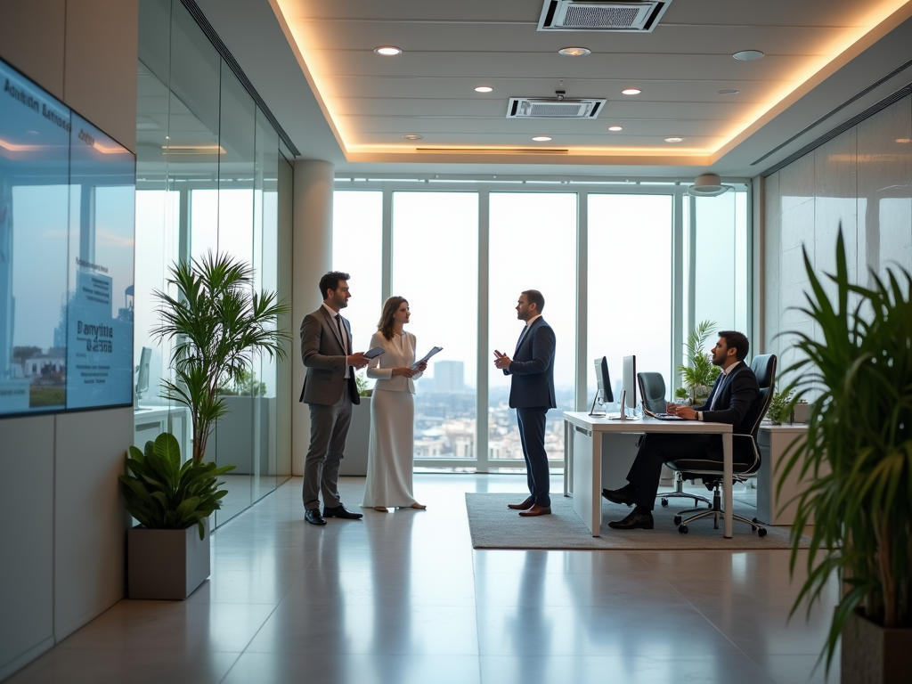 Four professionals discussing in a modern office with city views.