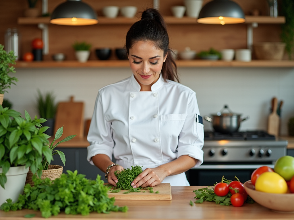 Female chef in a white uniform chopping herbs in a modern kitchen.