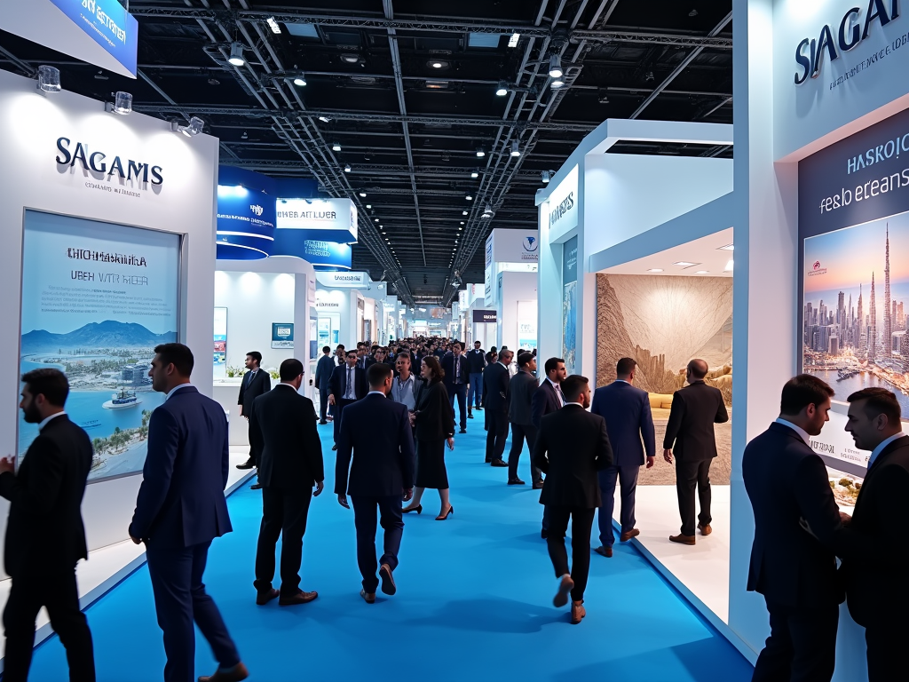 Business professionals walking between exhibition booths at a busy trade show.