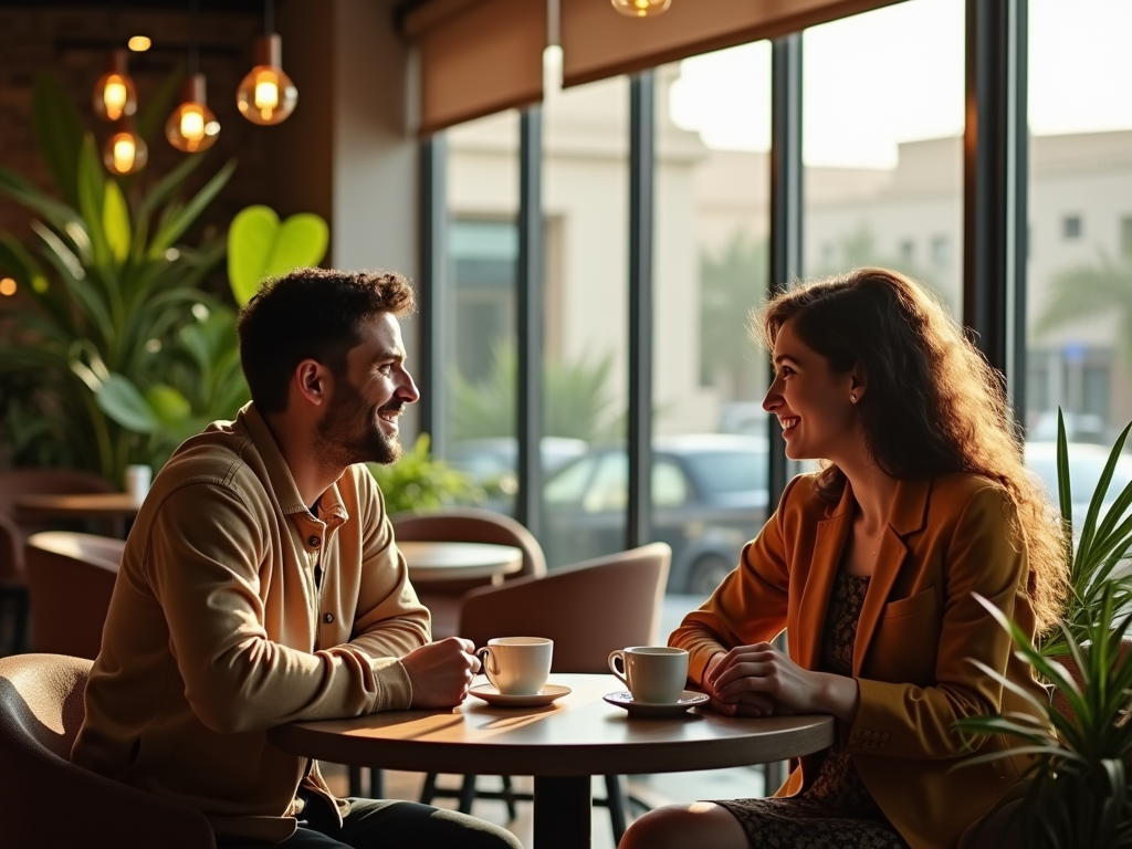 Man and woman smiling at each other over coffee in a well-lit café.