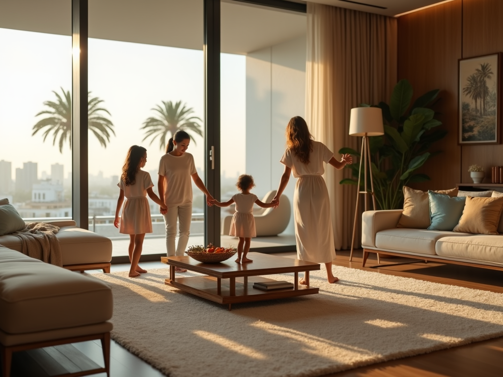 Family holding hands and enjoying time together in a sunny, modern living room with large windows.