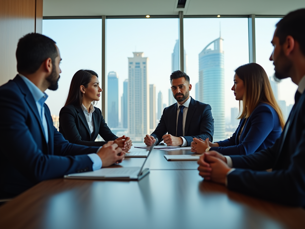 Five professionals in a meeting room discussing, with a city skyline visible through the window.