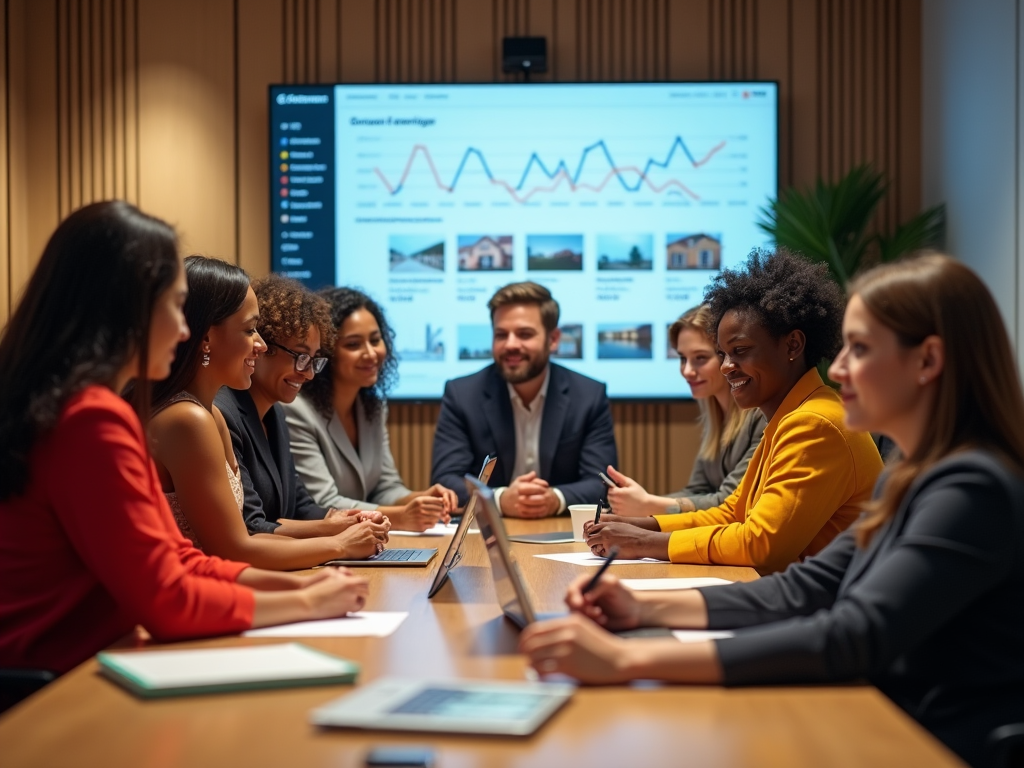 Diverse team in meeting analyzing financial graphs on a large screen.