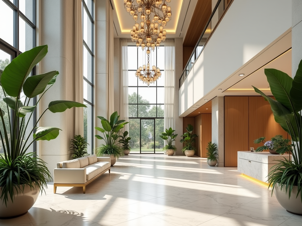 Spacious hotel lobby with large windows, elegant chandeliers, and lush green plants.