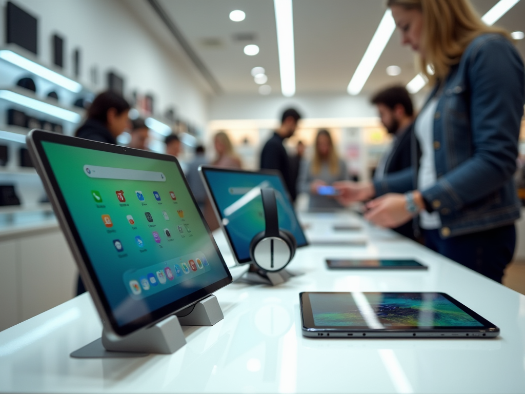 People exploring technology in a modern electronics store with tablets and devices on display.