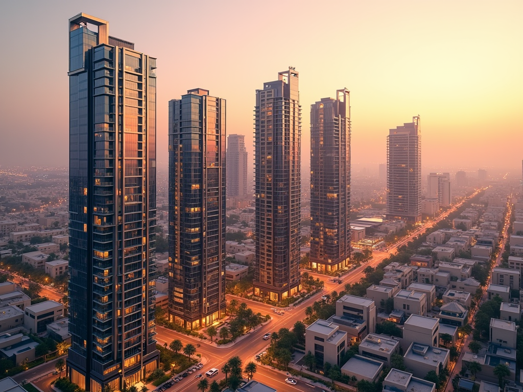 Aerial view of a cityscape at sunset featuring modern skyscrapers and a lighted street.