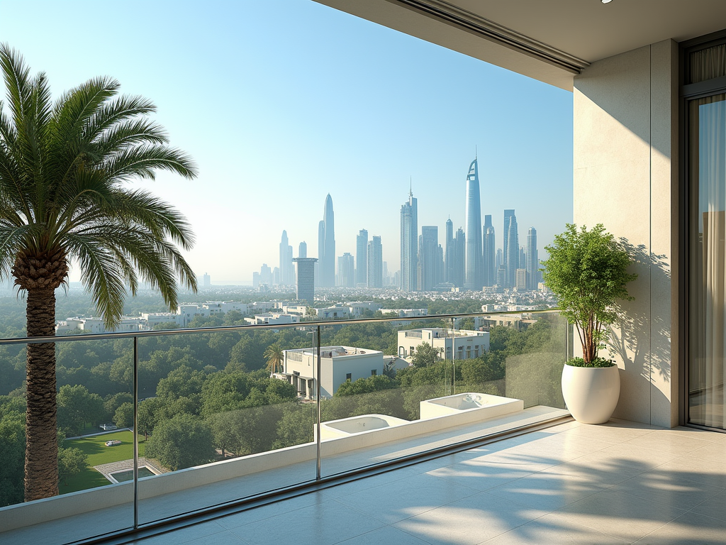 View from a balcony showing a palm tree and a modern city skyline in the background.