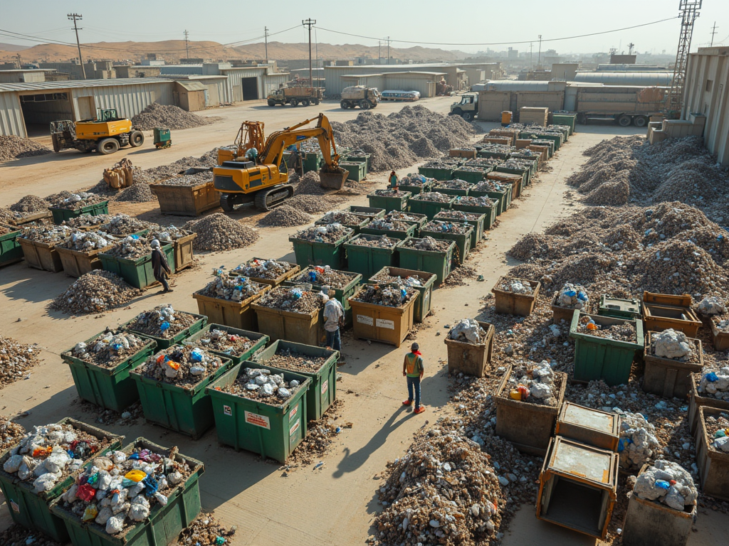 Recycling plant with workers sorting piles of waste in large containers, machinery operating nearby.