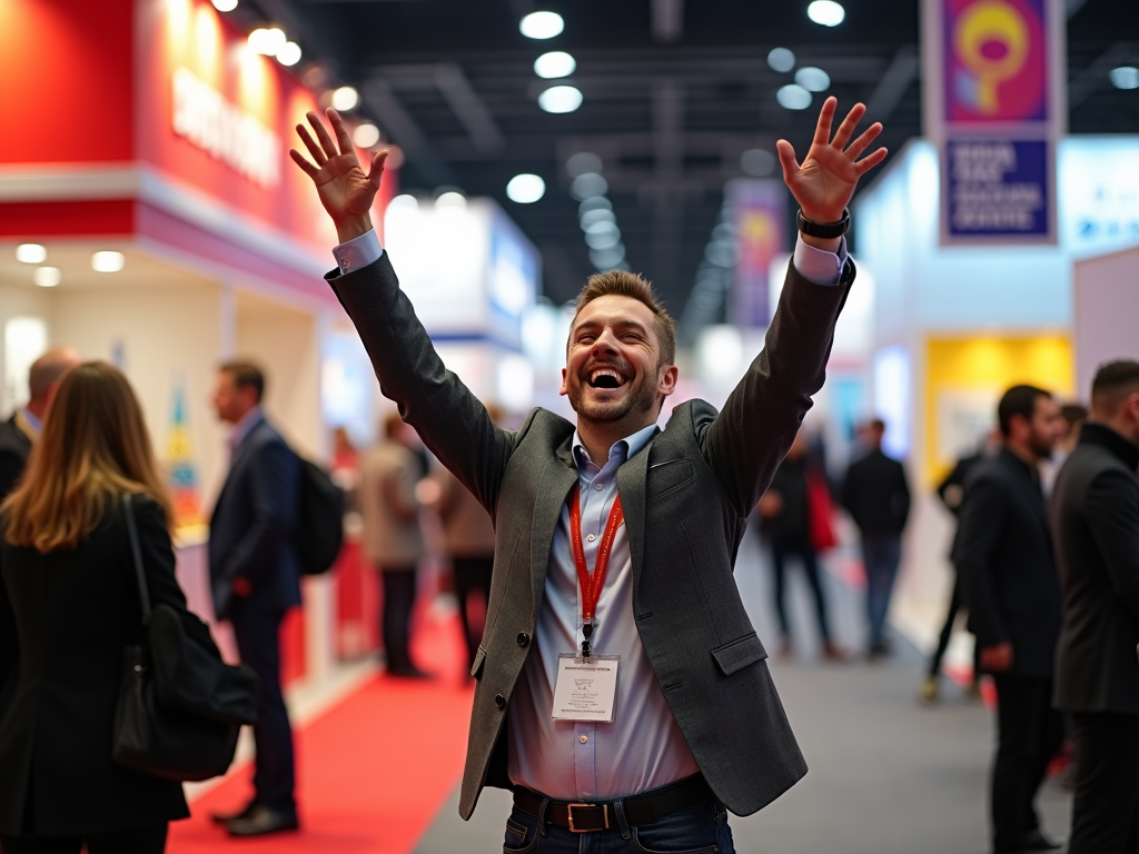 Joyful man raising his hands in excitement at a busy trade show.