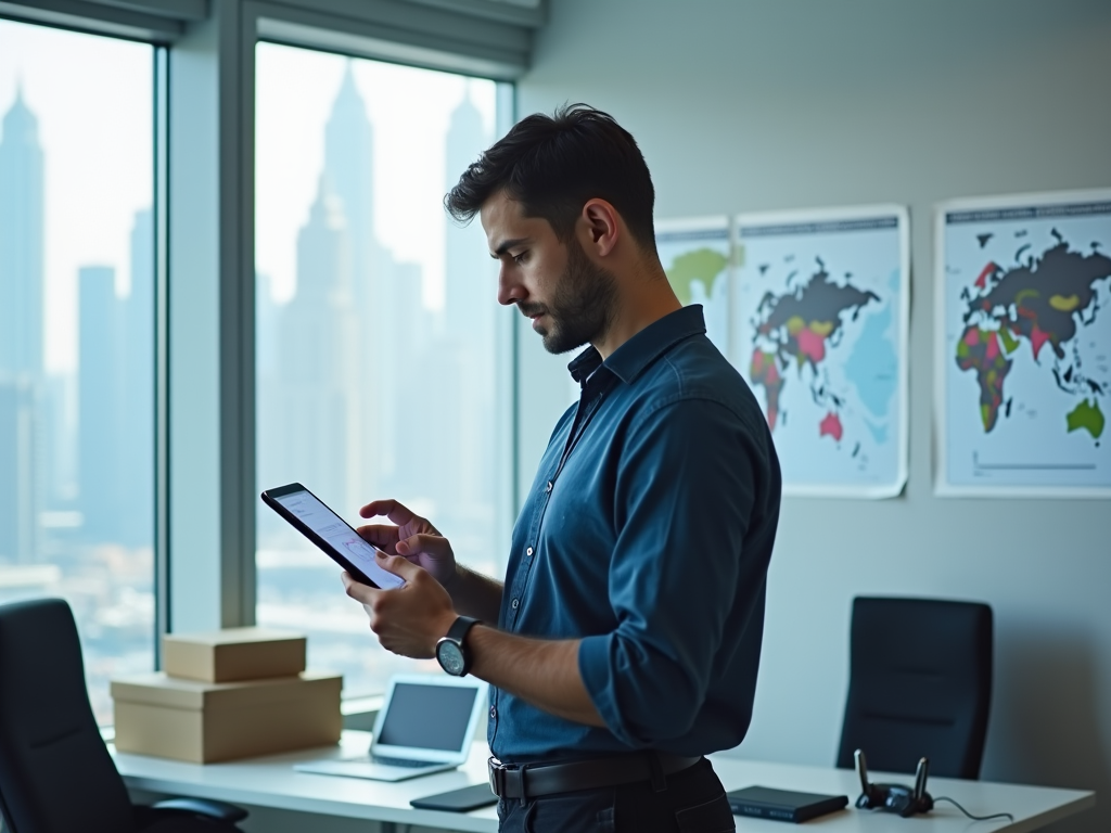 Man in a blue shirt using a tablet in an office with maps on the wall and cityscape in the background.