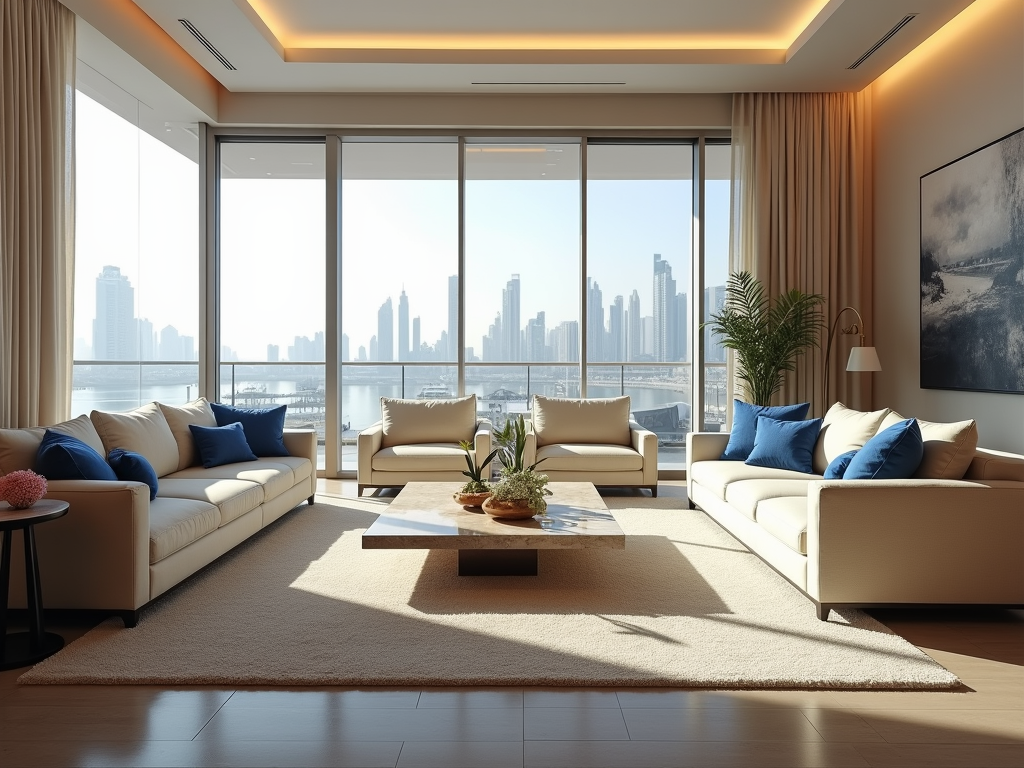 Modern living room with cream sofas, city skyline view through large windows, warm interior lighting.