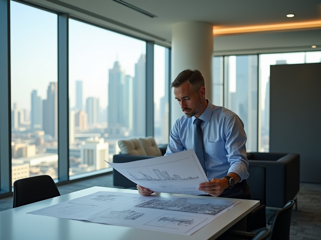 Businessman reviewing architectural plans in a modern office with cityscape background.