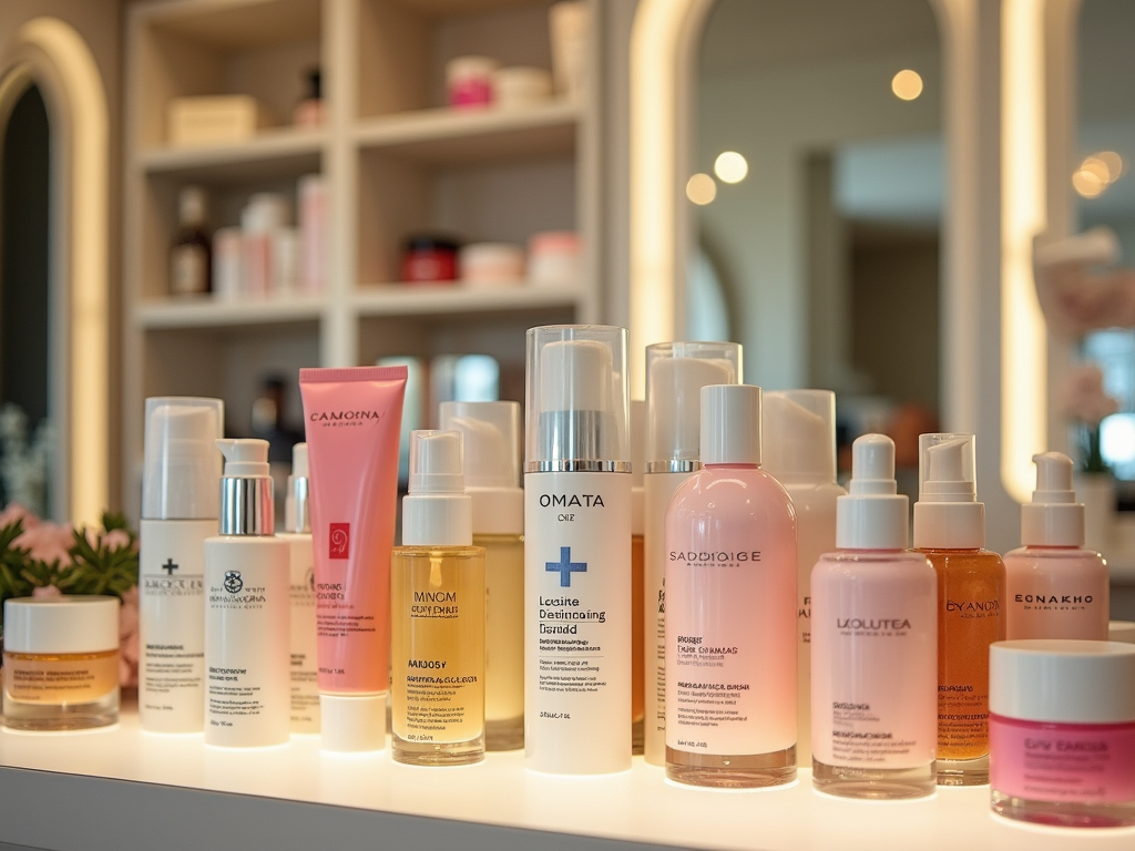 Array of skincare products displayed on a table, with elegante shelves and mirrors in the background.