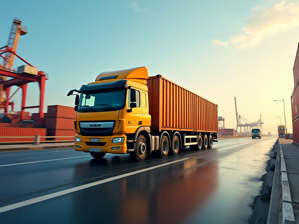 Yellow semi-truck with container driving by a port with cranes in the background.