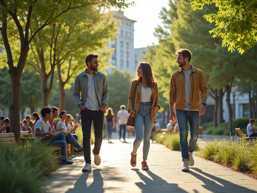 Three friends walk and talk on a sunlit pathway, surrounded by trees and people enjoying the outdoors.