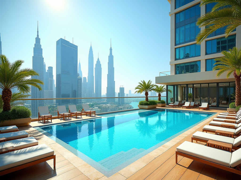 Luxurious rooftop pool overlooking a modern skyline, with sun loungers and palm trees.