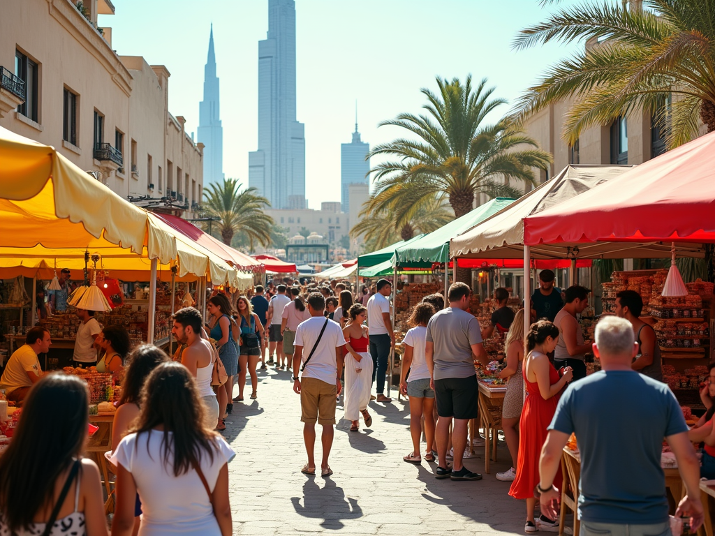 Crowded outdoor market with people shopping, colorful stalls and tall modern skyscrapers in the background.