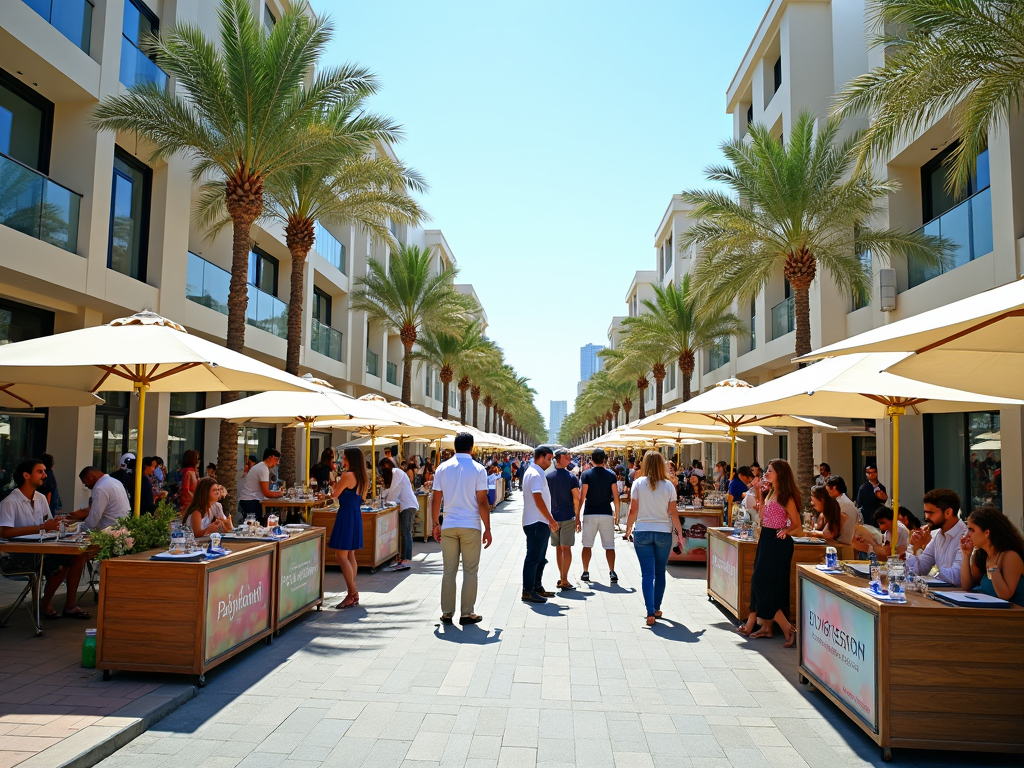 Outdoor dining area in a sunny, palm-lined street with people enjoying meals under large umbrellas.