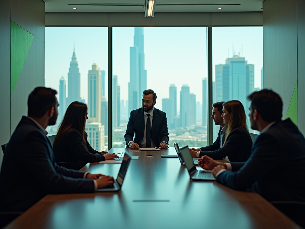 Business meeting with five professionals at a table in front of large windows showing a cityscape.