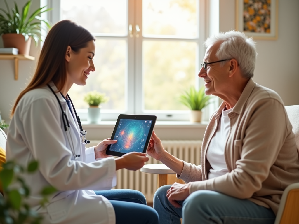 Doctor showing a brain scan on a tablet to an elderly patient in a sunlit room.