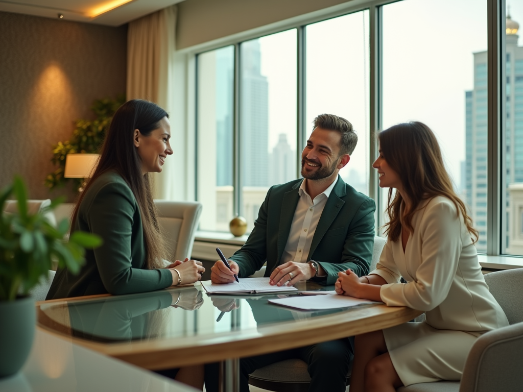 Three business professionals smiling and discussing documents in a modern office with city view.