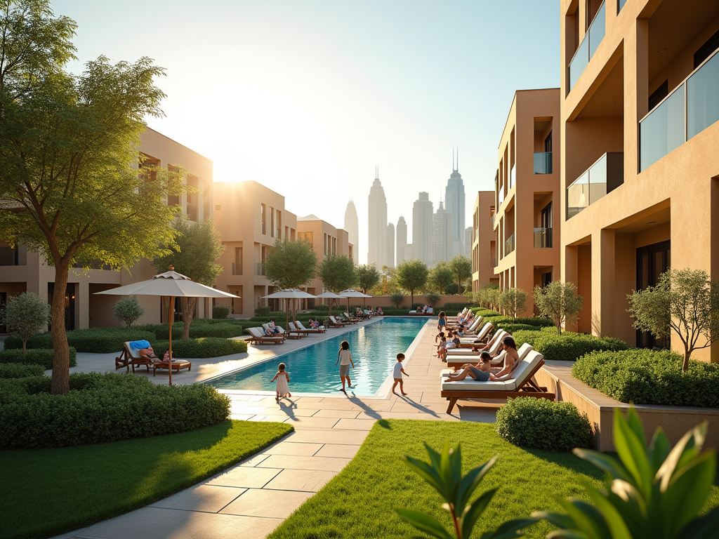 Luxurious resort-style pool surrounded by greenery with city skyline in the background.