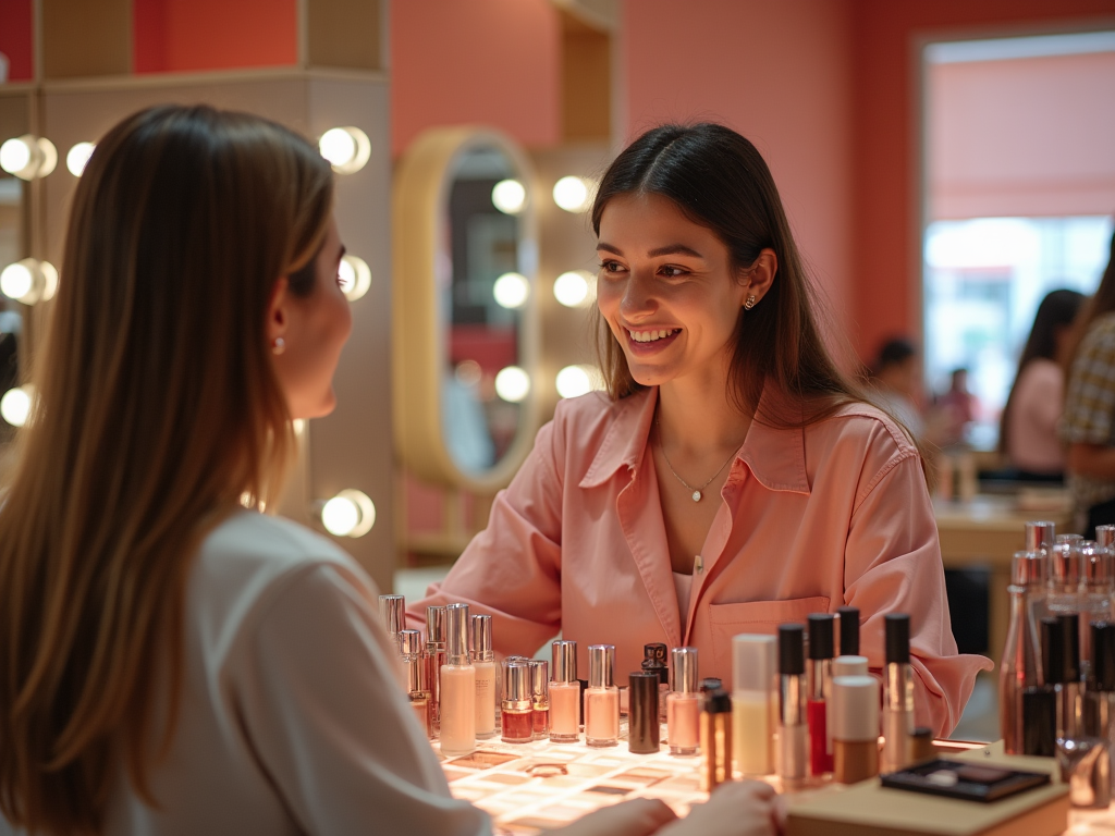 Two women smiling at each other at a makeup counter, surrounded by cosmetics and mirrors.