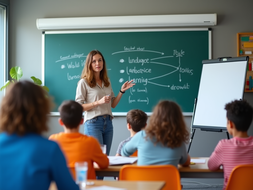 Teacher explaining a lesson in front of a chalkboard to students in a classroom.