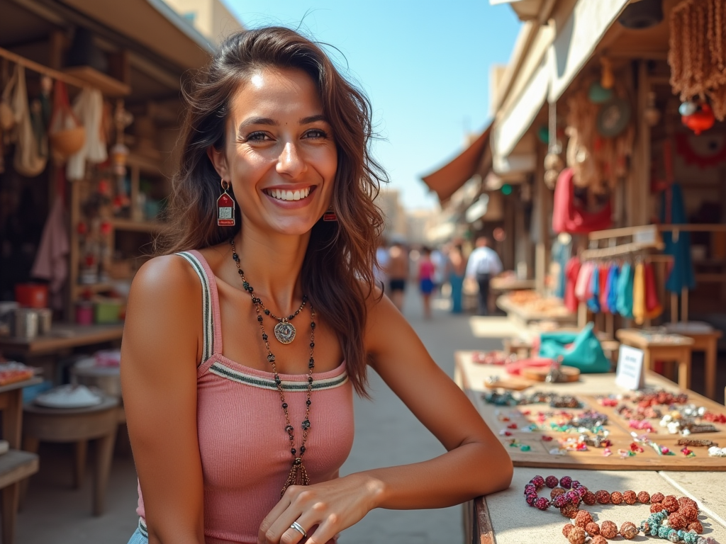 Smiling woman at a market stall with colorful jewelry in a bustling street setting.