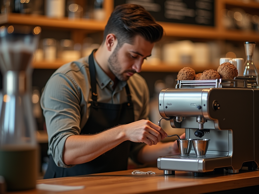 Barista prepares coffee on an espresso machine in a cozy cafe setting.