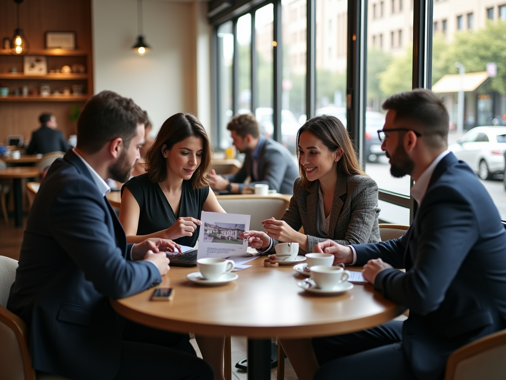 Four professionals discussing a document over coffee in a brightly lit cafe.