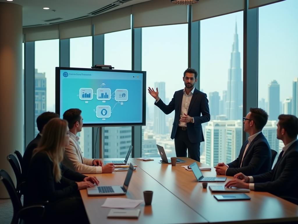 Businessman giving a presentation with digital graphics on a screen to colleagues in a modern office.