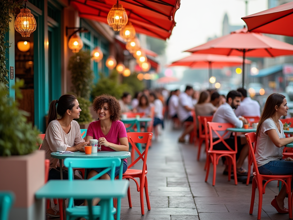 Two women chatting at a vibrant outdoor cafe with red umbrellas and colorful lights.