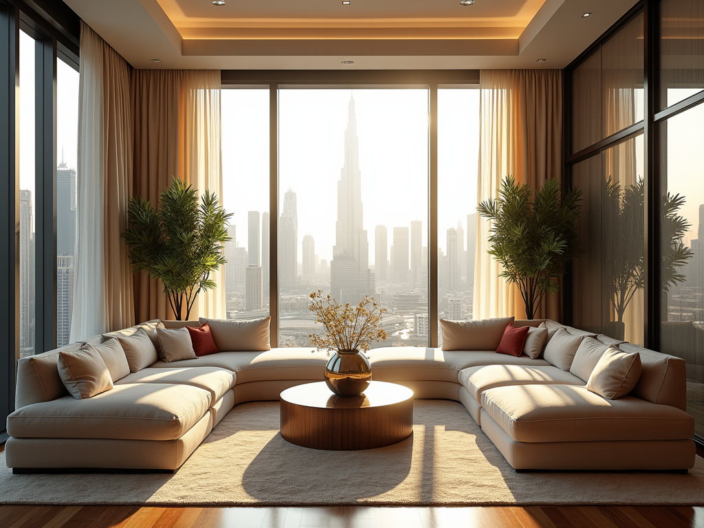 Luxurious living room with large windows overlooking a cityscape, featuring stylish sectional sofas and plants.